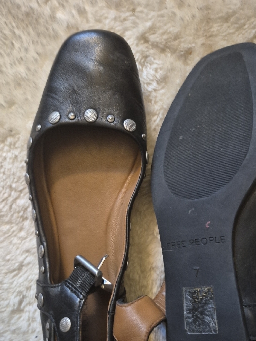 Free People Black Leather Studded Mary Jane Flats - Picture 2 of 5